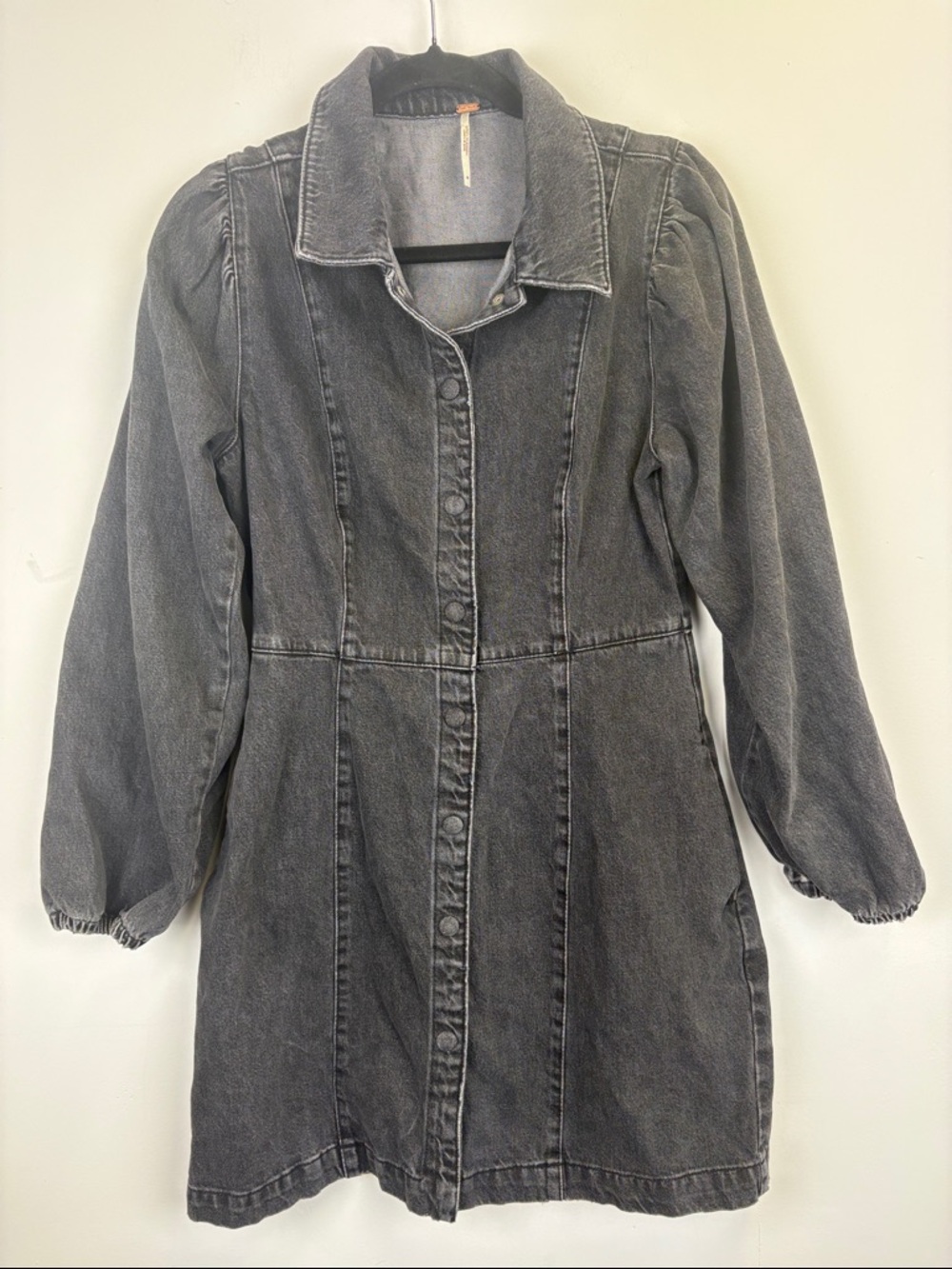 Free People Black Denim Mini Dress Puff Sleeve Snap Front Shirt Dress Sz Medium - Picture 2 of 12